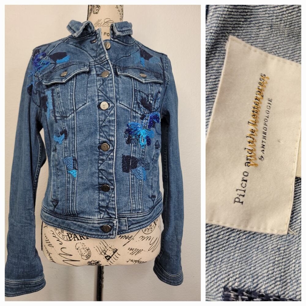 Anthropologie Pilcro Denim Trucker Jacket Size Small Embroidered Bling Boho 90s